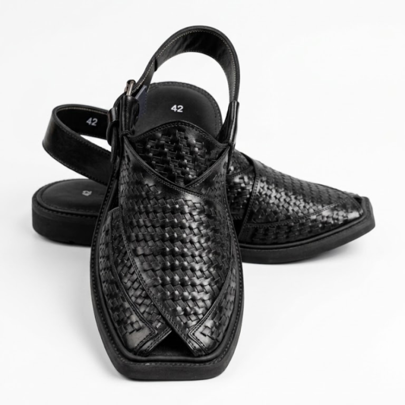 Premium Black Woven Texture Peshawari Chappal