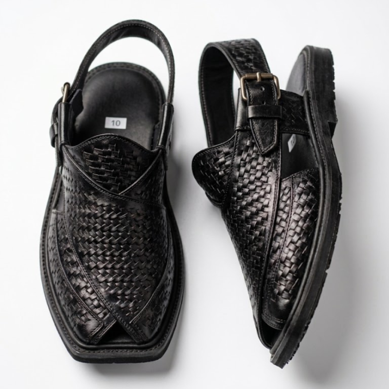 Premium Black Woven Texture Peshawari Chappal