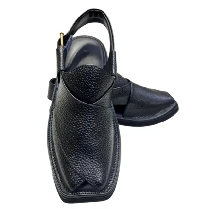 Kaptaan Chappal Black Leather Traditional Design
